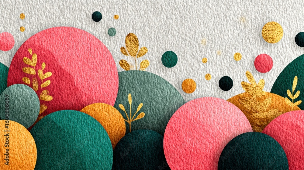Poster vibrant abstract background featuring colorful circles and organic shapes with textured surface perf