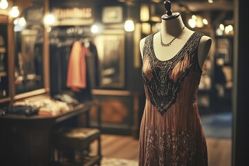 A stylish 1920s flapper dress on a mannequin in a retro-themed room ,  created by ai