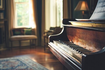 An antique grand piano in a vintage living room,  created by ai