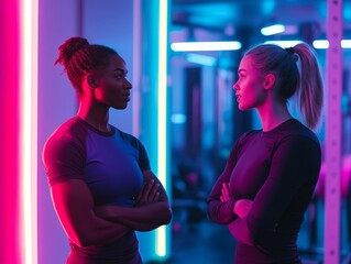 Two Athletic Women in Neon-Lit Gym Discussing Fitness Goals