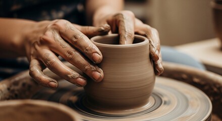 Hands shaping clay on a potter's wheel: Creating art through tactile experience