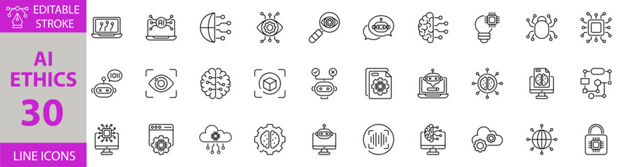 AI Ethics Icon Set – Editable Vector Illustrations Representing Responsible AI, Fairness, Transparency, Privacy, Accountability, Trust, Bias Mitigation, and Ethical Technology