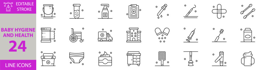 Baby Hygiene and Health Icon Set – Editable Vector Illustrations for Infant Care, Cleanliness, Safety, Wellness, Diapering, Bathing, Nutrition, and Pediatric Health