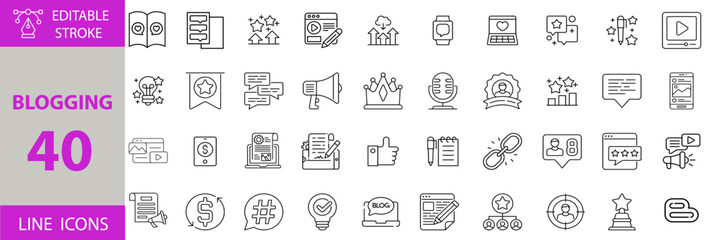 Blogging Icon Set – Editable Vector Illustrations for Content Creation, Writing, Social Media, SEO, Digital Marketing, Audience Engagement, and Online Publishing