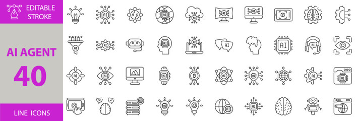 AI Agent Icon Set – Editable Vector Illustrations for Artificial Intelligence, Virtual Assistants, Chatbots, Automation, Machine Learning, Robotics, and Smart Technology