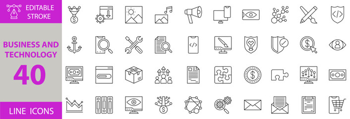 Business and Technology Icon Set – Editable Vector Illustrations for Corporate Growth, Innovation, IT Services, Digital Transformation, Data Analysis, Networking, and Tech Solutions