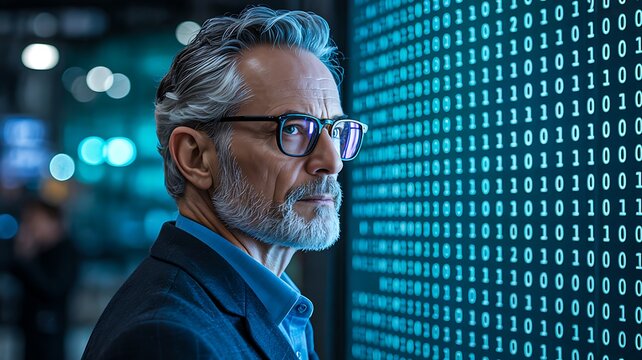 Senior man looking at binary digital code wall in futuristic technology concept
