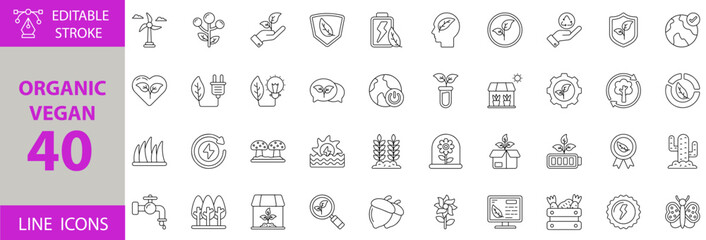 Organic Vegan Icon Set – Editable Vector Illustrations for Plant-Based Food, Eco-Friendly Lifestyle, Natural Products, Vegan Diet, Organic Farming, and Healthy Green Living Concepts