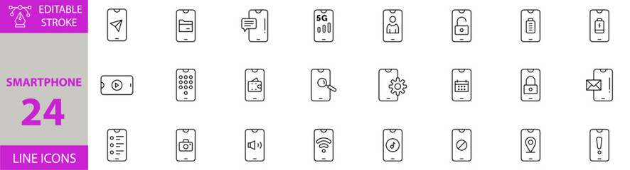 Smartphone Icon Set – Editable Vector Illustrations for Mobile Devices, Apps, Communication, Connectivity, Touchscreen, Technology, Mobile UI, and Digital Interaction