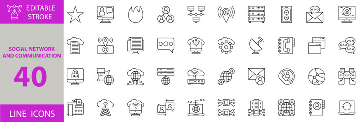 Social Network and Communications Icon Set – Editable Vector Illustrations for Messaging, Social Media, Chat, Networking, Collaboration, Connection, Online Interaction, and Digital Communication