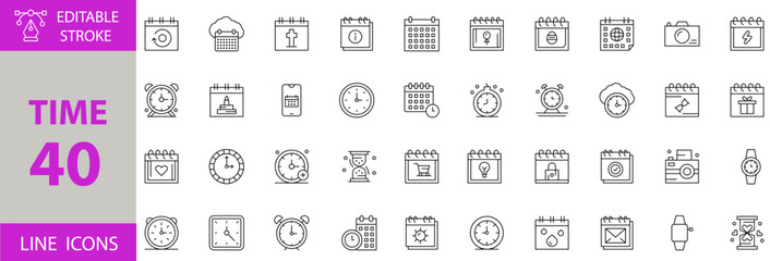 Time and Clock Icon Set – Editable Vector Illustrations for Time Management, Schedule, Alarm, Stopwatch, Timer, Calendar, Deadline, Productivity Tools, and Planning Concepts