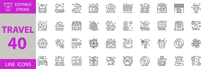 Travel and Tourism Icon Set – Editable Vector Illustrations for Vacation, Adventure, Trip Planning, Landmarks, Flights, Hotels, Luggage, Navigation, and Global Travel Concepts