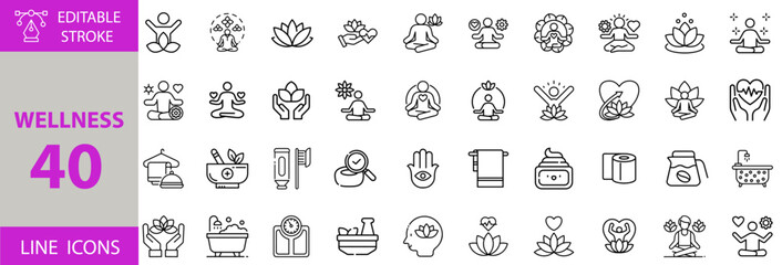 Wellness and Self-Care Icon Set – Editable Vector Illustrations for Spa, Meditation, Mental Health, Yoga, Relaxation, Natural Healing, Beauty, and Holistic Lifestyle Concepts