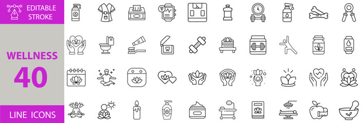 Wellness and Self-Care Icon Set – Editable Vector Illustrations for Spa, Meditation, Mental Health, Relaxation, Yoga, Natural Healing, Body Care, and Holistic Lifestyle Concepts
