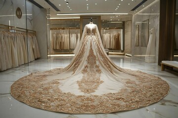 Close-up of an ornate gold and ivory embroidered wedding gown with a dramatic cascading train,  created by ai