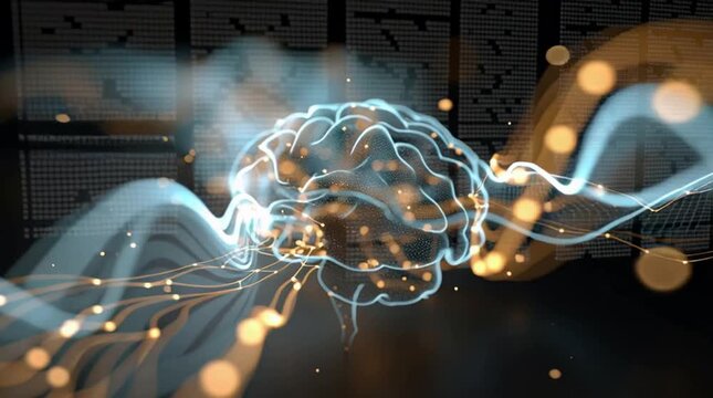 3D graphic rendering of an AI brain with glowing data connections, representing artificial intelligence and advanced digital processing