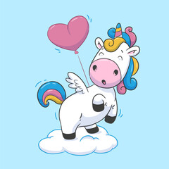 Adorable unicorn with a heart balloon