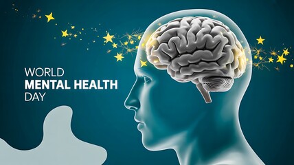 Obraz premium World mental health day concept with human brain and glowing stars representing awareness and wellness 
