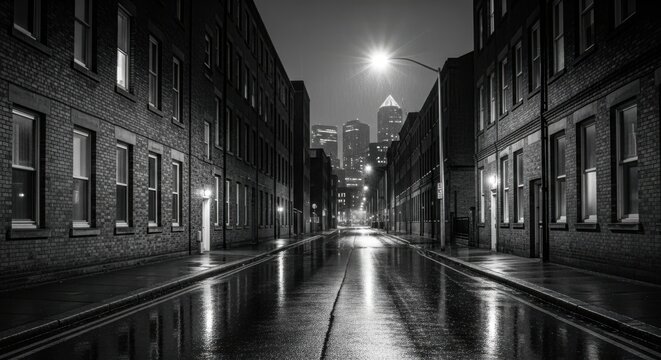Fototapeta A wet city street at night, reflecting streetlights and distant city buildings in black and white
