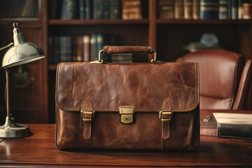 A charming retro leather briefcase with brass fittings placed on a wooden desk, created by ai