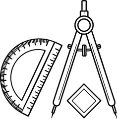 Geometric drawing tools compass protractor square and ruler