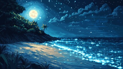 Tropical Night Scene Moonlight Beach Ocean Stars