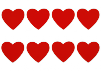 Eight vibrant red heart shapes arranged in two rows on a transparent background representing love and romance