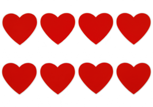 Eight vibrant red heart shapes arranged in two rows on a transparent background representing love and romance - Powered by Adobe