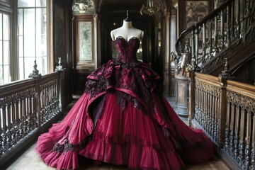 A beautiful Victorian-inspired crimson gown with elaborate lace details, displayed gracefully on an antique wooden mannequin,  created by ai