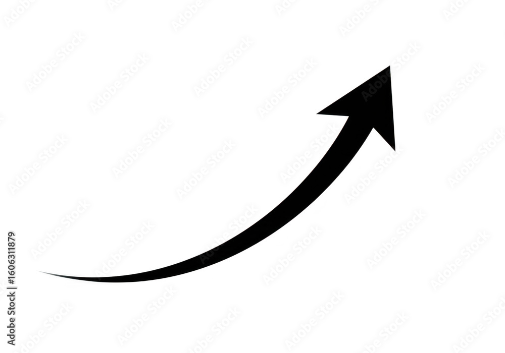 Poster a black curved arrow pointing upwards and to the right on a transparent background symbolizing growt