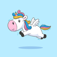 A cute cartoon unicorn joyfully jumping in the air