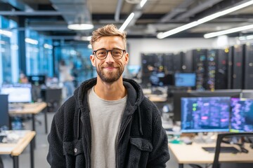 Fototapeta premium cloud engineer smiling into the camera in a modern open-plan tech office, with servers or code dashboard in the background, casual attire with tech accessories, bright and friendly workspace, 16:9