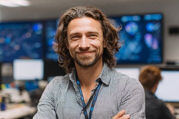 cloud engineer smiling into the camera in a modern open-plan tech office, with servers or code dashboard in the background, casual attire with tech accessories, bright and friendly workspace, 16:9
