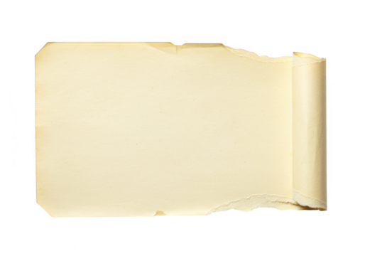 An aged yellowed piece of paper with torn edges and a rolled corner isolated on a transparent background for design
