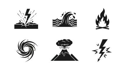 Six black and white icons representing natural disasters, including lightning, tsunami, fire, tornado, volcano.