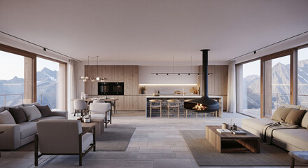 Fototapeta premium Modern Mountain Chalet Interior: Open Living Space, Fireplace, Kitchen Island, and Panoramic Mountain Views