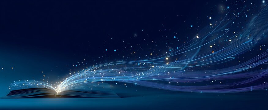 A dynamic light beam shines from above, as if coming out of an open book. Blue background with futuristic elements.