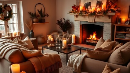 Cozy Autumn Living Room with Fireplace and Candles