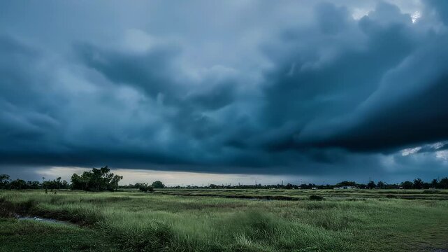 Dark towering cumulonimbus storm clouds brewing over a windswept field under ominous lighting, capturing the raw power of an extreme dangerous weather event