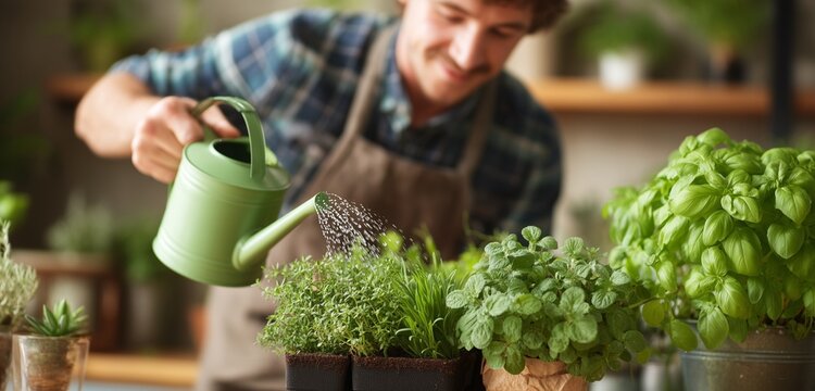 Man watering small herb plants with a green watering can in a bright indoor setting at home - Powered by Adobe
