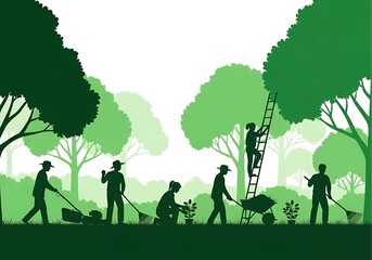 Silhouettes of people gardening and planting trees in a lush green forest