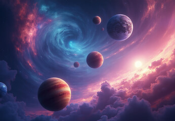 “Vibrant Cosmic Scene with Colorful Planets and Swirling Galaxies in Deep Outer Space”


