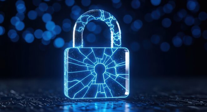 Glowing Blue Cracked Padlock on Circuit Board with Bokeh Lights security broken