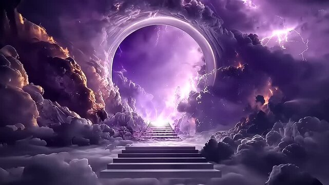 Mystical portal to another dimension with dramatic clouds and stairway to heaven