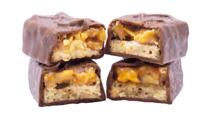 Four Chocolate Bars with Caramel and Peanut Filling Stacked on Isolated Background