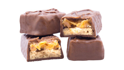 Stack of Chocolate Bars with Caramel and Peanut Filling on Isolated Background