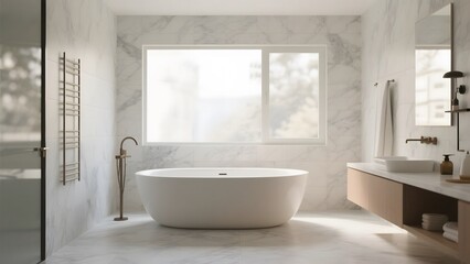 Modern Bathroom with Freestanding Bathtub and Marble Walls