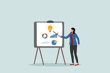 Presenting ideas, explaining solutions or strategies, intelligence information, business insights for new opportunities, optimization concepts, businesswoman presenting new light bulb ideas with graph