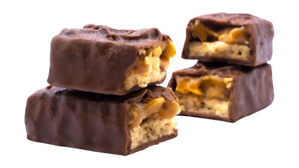 Chocolate Bars in Two Stacks with Caramel and Nut Filling on Isolated Background