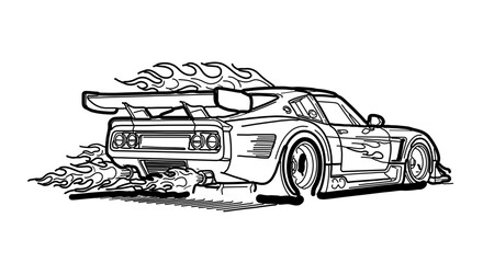 Vector drawing of a racing car with flames and spoiler for coloring page or graphic design project use